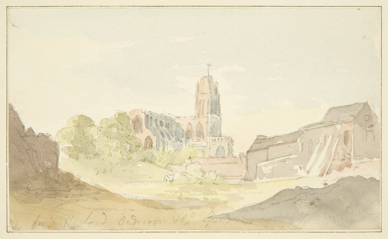 Nord-øst utsikt over St Mary Redcliffe fra Harford Anderson Garden (blyant og akvarell på papir) av English School
