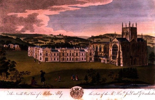 Nord-vest utsikt over Milton Abbey, sete for den høyre ærede Joseph, jarl av Dorchester, gravert av Edward Rooker (ca. 1712-74) av English School