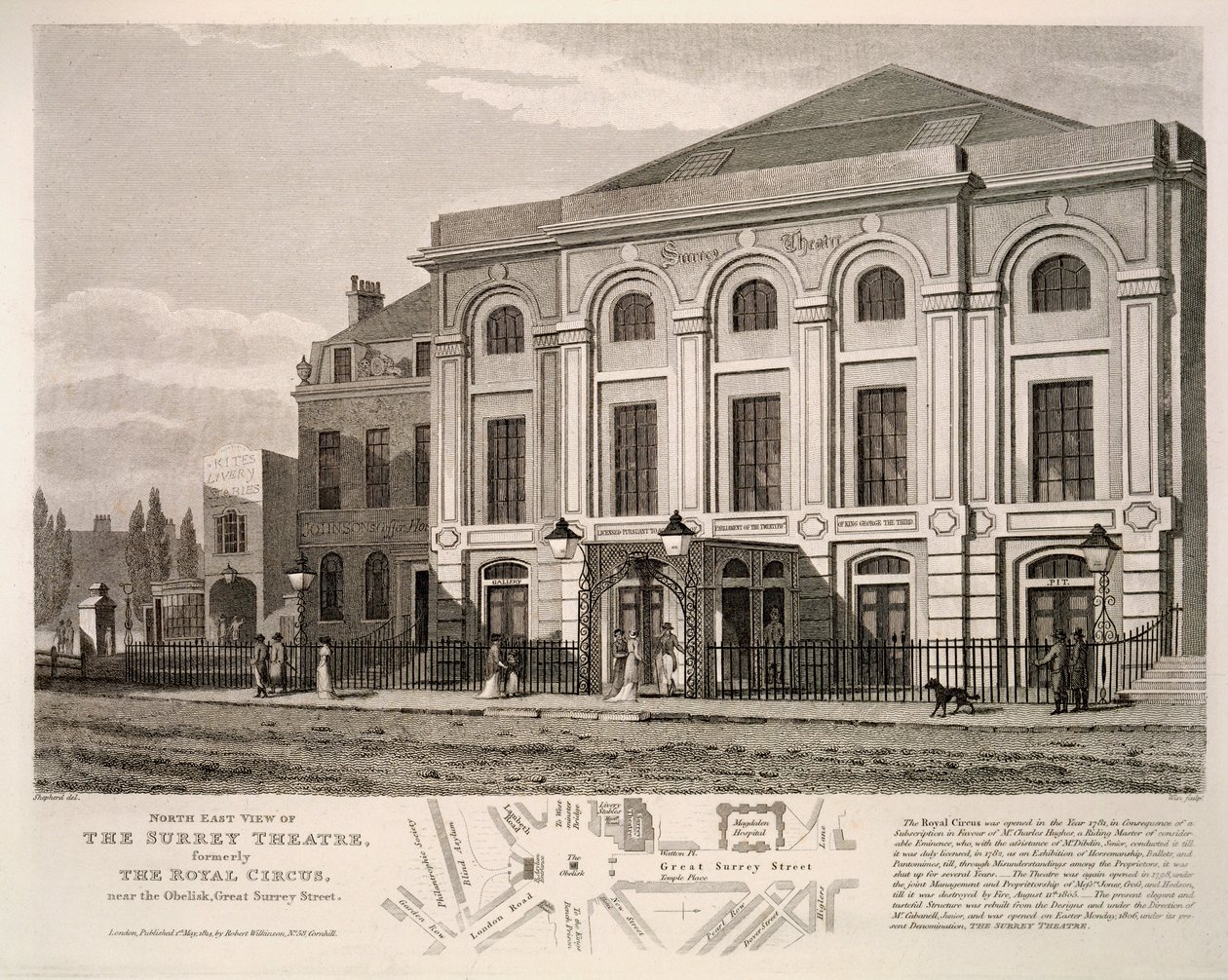 Nordøst-utsikt over Surrey Theatre, tidligere The Royal Circus nær obelisken, Great Surrey Street, 1814 av English School