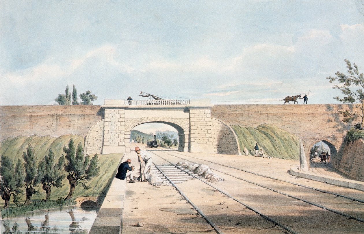 North Midland-linjen under Cromford-kanalen ved Bull Bridge, utgitt av Day und Haghe (farge litho) av English School