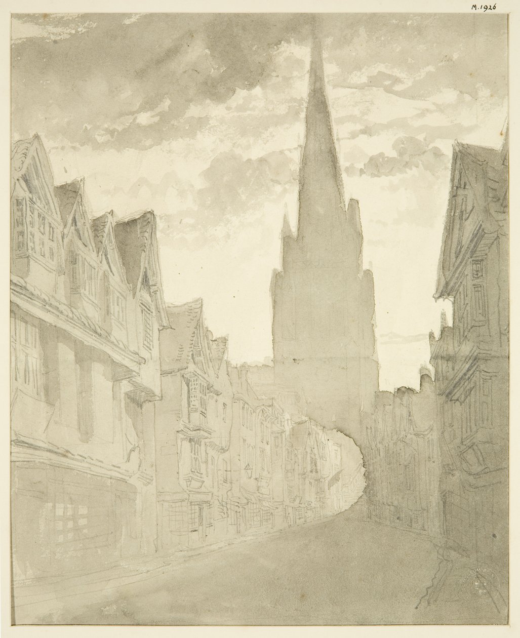Nordutsikt over St Mary Redcliffe Church fra Redcliffe Street (blyant og akvarell på papir) av English School