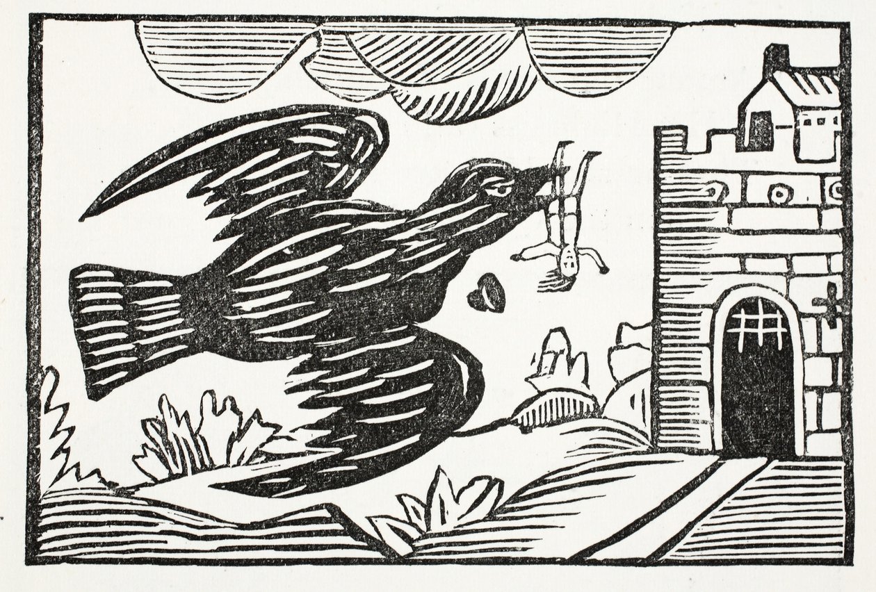 Nå av en ravn med stor styrke, ble Bort stakkars Tom båret, illustrasjon fra Chap-books of the Eighteenth Century av John Ashton, pub. 1882 av English School