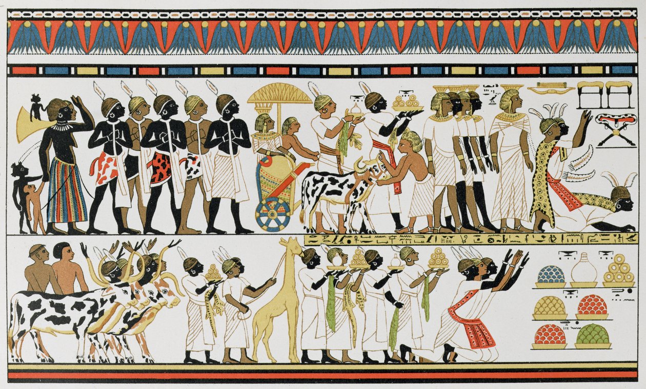 Nubiske høvdinger som bringer gaver til kongen av Egypt, kopi av et gammelegyptisk veggmaleri fra en grav i Theben, ca. 1380 f.Kr., fra The History of Mankind, Vol.III, av Prof. Friedrich Ratzel, 1898 av English School