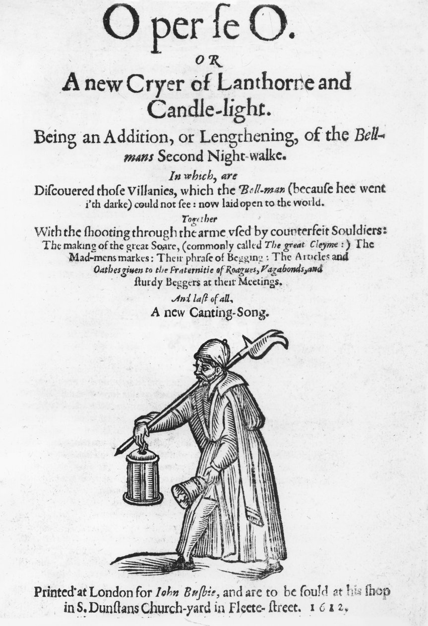 O per se O, or A New Cyer of Lanthorne and Candle-Light, tittelside fra en bok, trykt av John Busbie, 1612 av English School