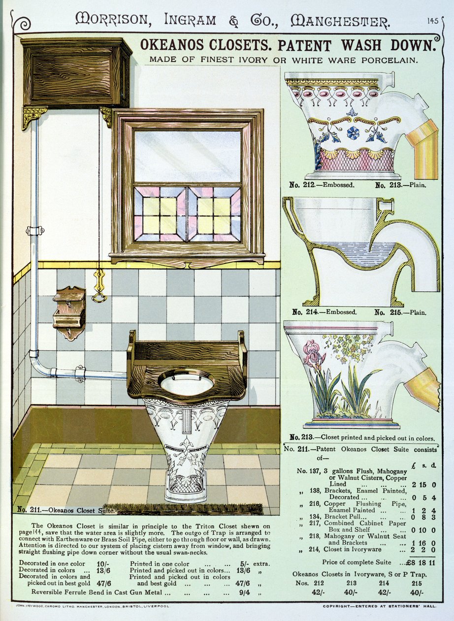 Okeanos-skap fra en katalog over sanitærvarer produsert av Morrison, Ingram & Co., Manchester, utgitt ca. 1890 av English School