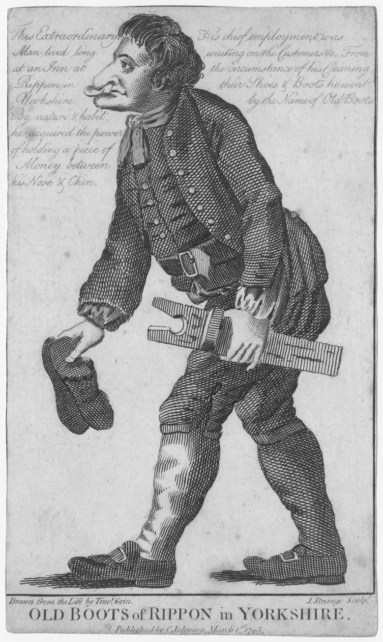 Old Boots of Rippon i Yorkshire, gravert av J. Strange (1700-tallet) etter en tegning av Timothy Grin, utgitt av C. Johnson, 1793 av English School