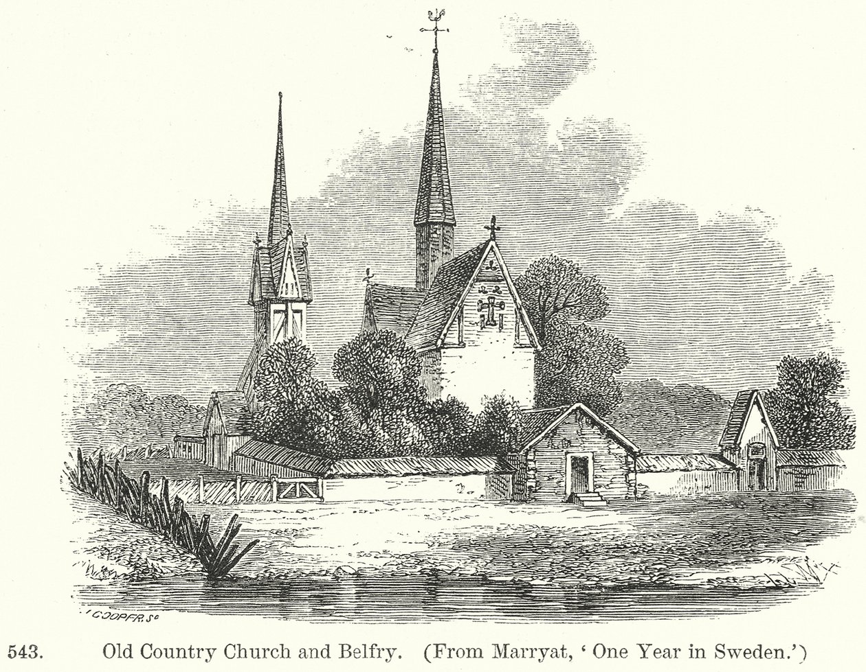 Gammel landsbykirke og klokketårn (gravering) av English School
