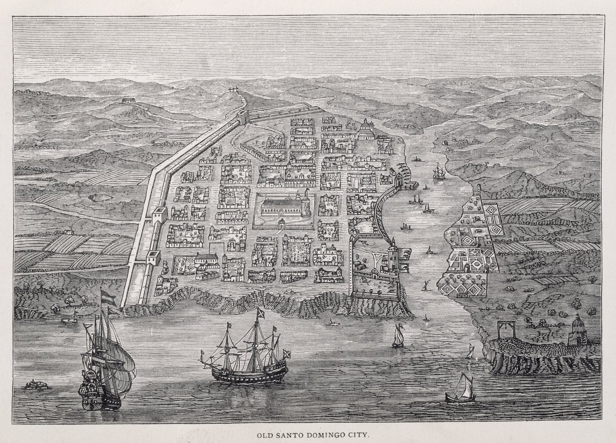 Gamle Santo Domingo City på tidspunktet for Drakes ekspedisjon, fra "Santo Domingo Past and Present" av Samuel Hazard, pub. 1873 av English School