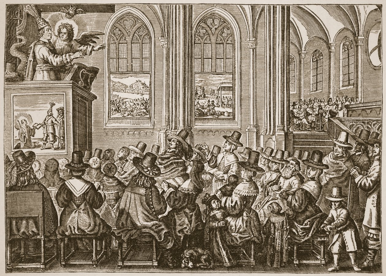 Oliver Cromwell forkynner for en puritansk menighet, illustrasjon fra The Church of England: A History for the People av H.D.M. Spence-Jones, pub. ca. 1910 (sepia-bilde) av English School