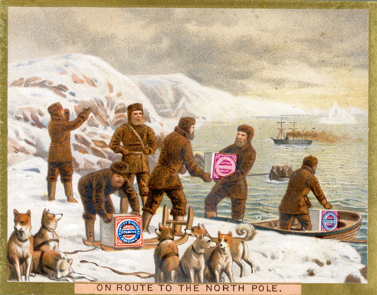 On Route to the North Pole, et kampanjekort for Huntley & Palmers Biscuits, ca. 1890 av English School