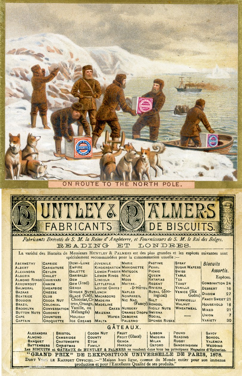 På vei til Nordpolen, foran og bak på et kampanjekort for Huntley & Palmers Biscuits, produsert for det franske markedet, 1890 av English School