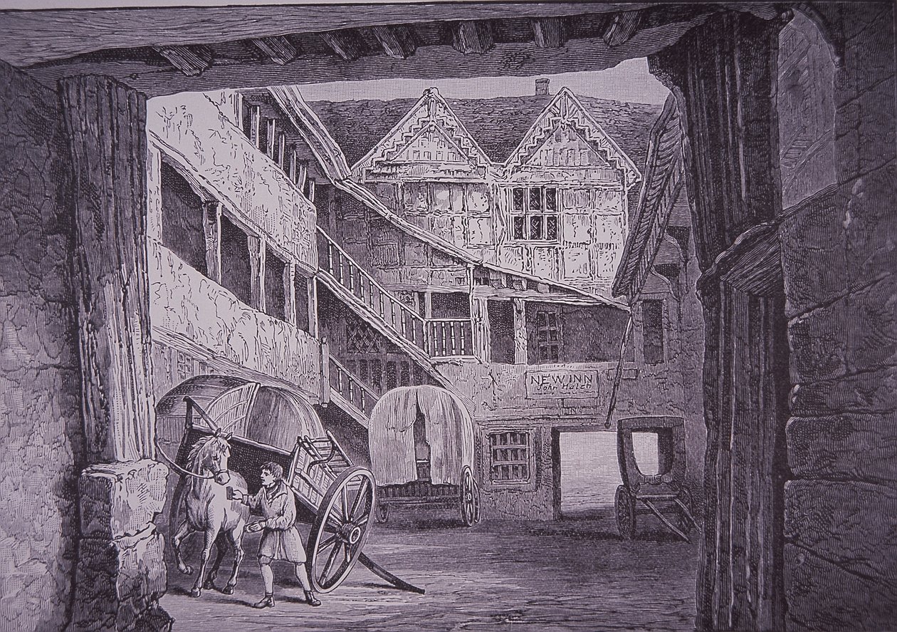 Ostler tilstede hest på gårdsplassen til New Inn, Gloucester (tregravering) av English School