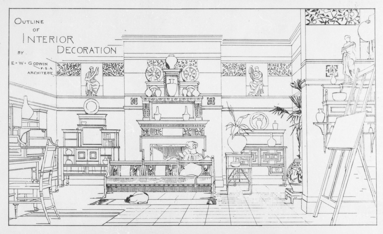 Oversikt over interiørdekorasjon, design av E. W. Godwin, illustrasjon fra The British Architect, 1. juli 1881 av English School