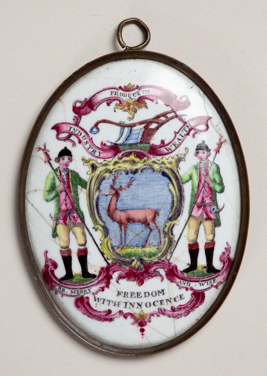 Oval medaljong for Society of Bucks, som viser to skogbrukere som støtter et skjold malt med en hjort (emalje) av English School
