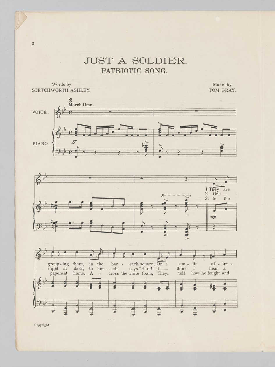Side 2 av et partitur for sangen Just a Soldier av English School