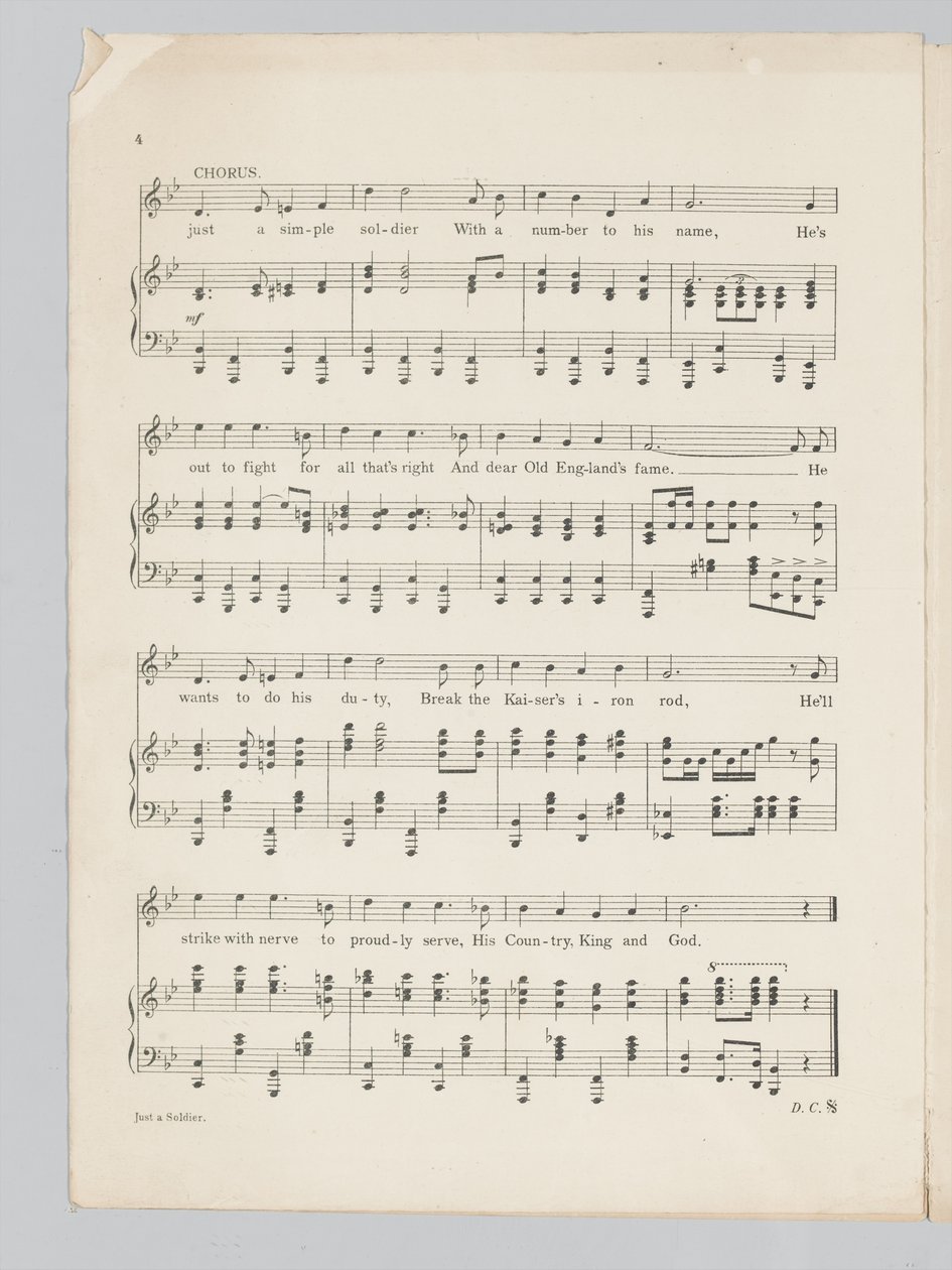 Side 4 av et partitur for sangen Just a Soldier av English School