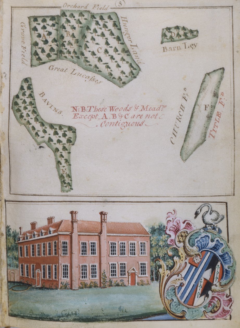 Side 8, fra A Survey of the Estate of John Plampin, Esq., 1774 (penn og blekk med wc og gouache på papir) av English School