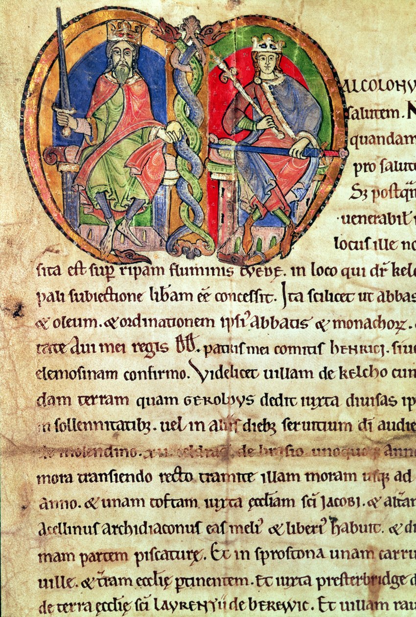 Side fra Charter of Kelso Abbey med en opplyst initial som viser kong David I (1084-1153) og hans barnebarn Malcolm IV (1141-65) 1159 (vellum) av English School