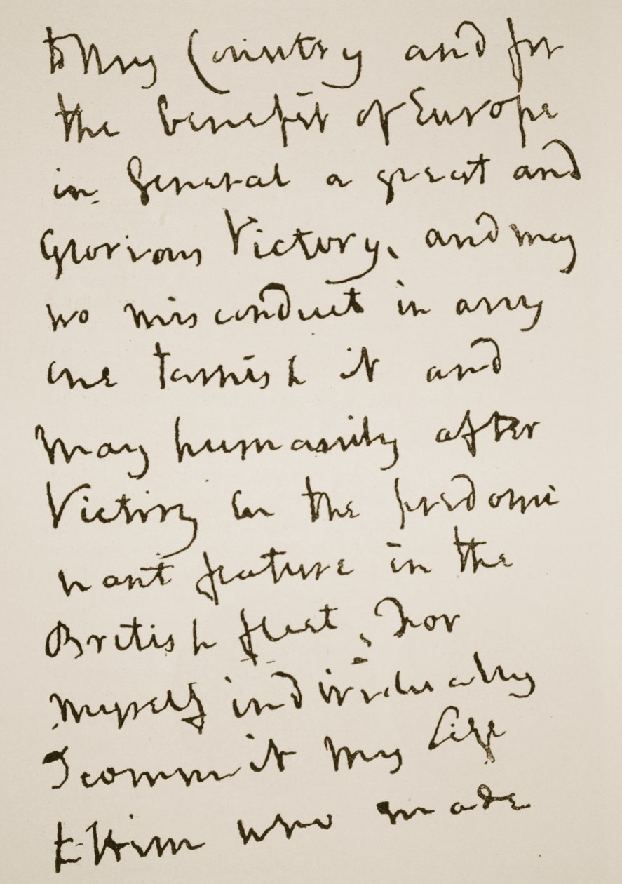 Side av et brev skrevet av Nelson like før slaget ved Trafalgar, mandag 21. oktober 1805 (sepia-bilde) av English School