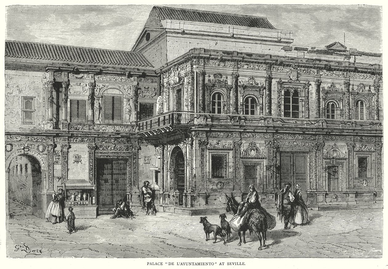 Palace quot;De L#39;ayuntamientoquot; i Sevilla (gravering) av English School