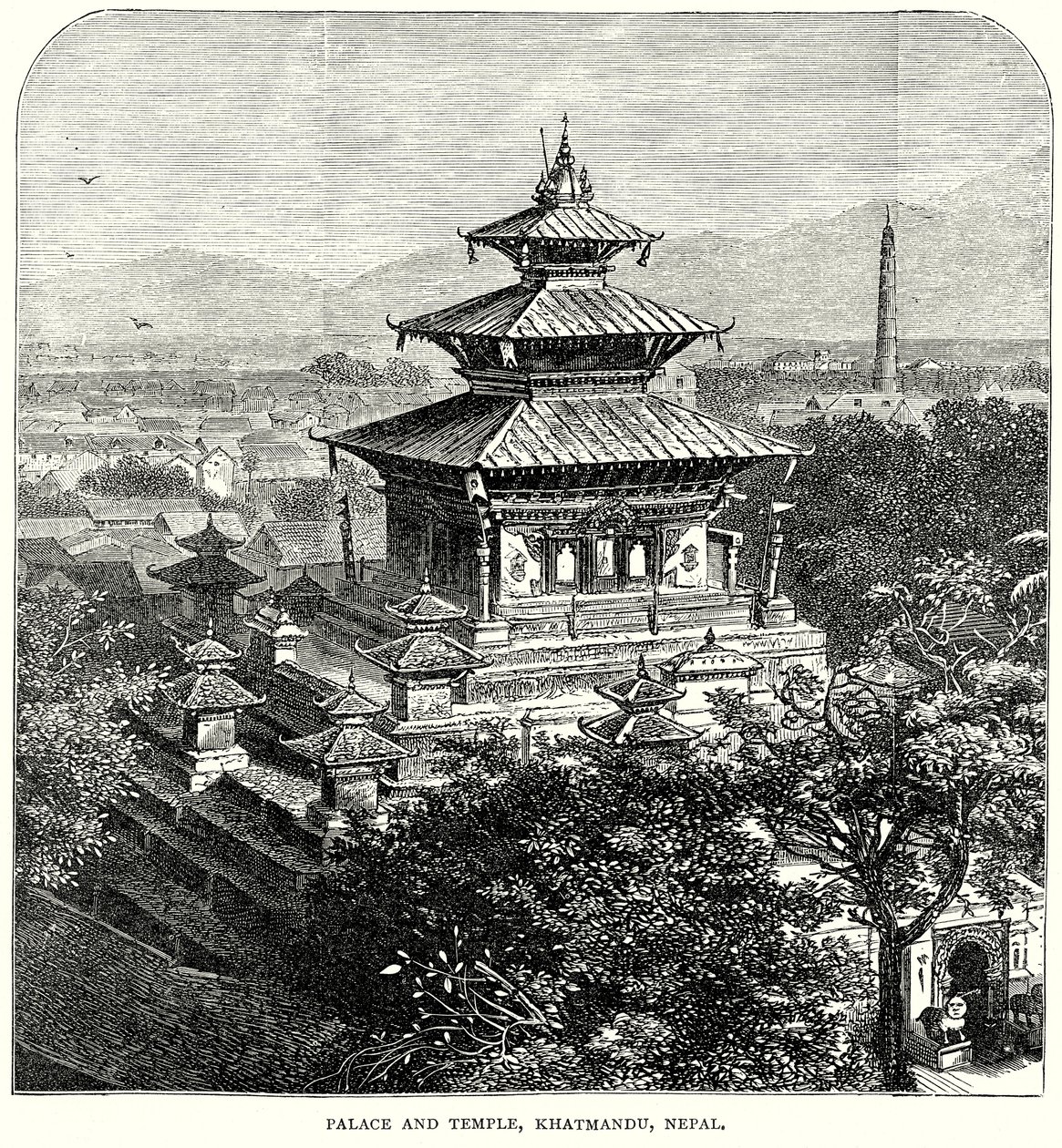 Palass og tempel, Khatmandu, Nepal (gravering) av English School