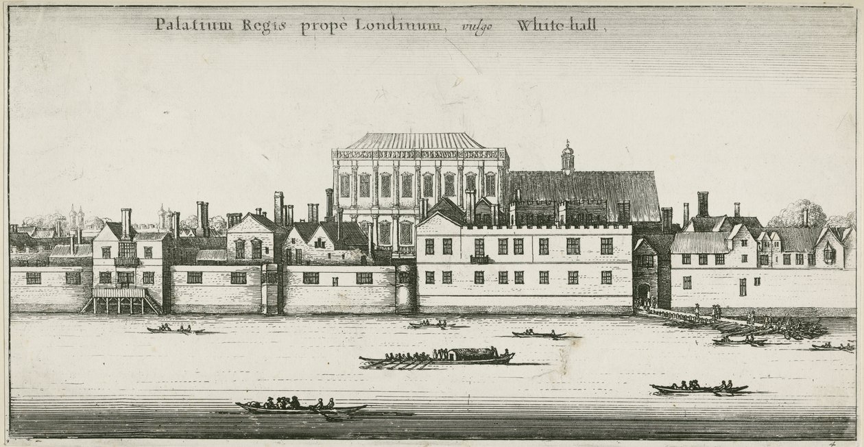 Palace of Whitehall fra Themsen, Westminster, London, Storbritannia (radering) av English School