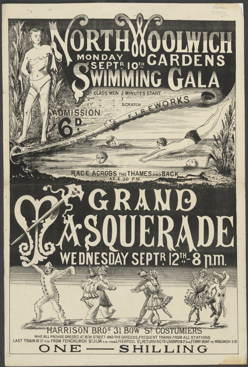 Brosjyre for "Swimming Gala and Grand Masquerade, North Woolwich Gardens" av English School