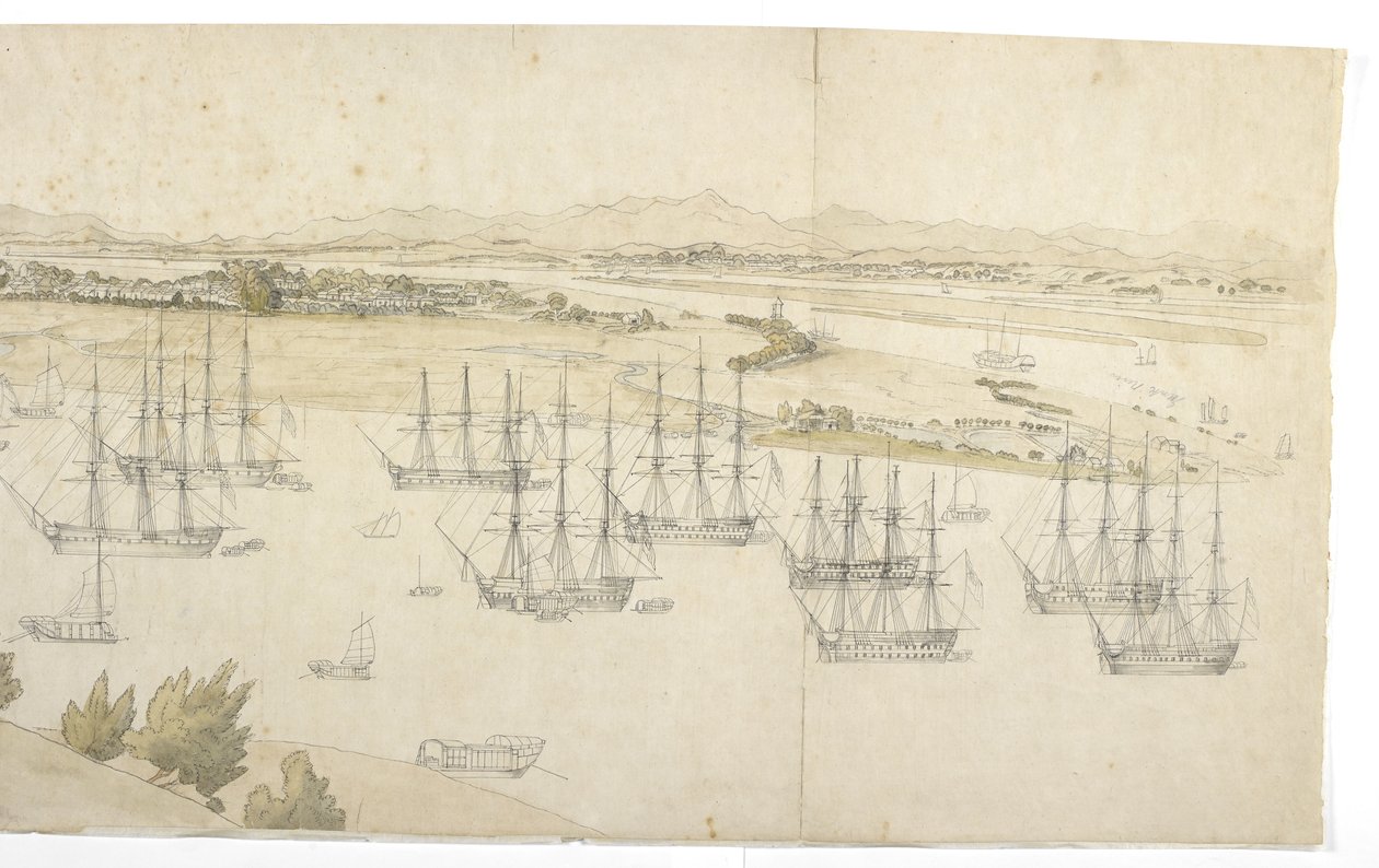 Panorama (høyre halvdel) av Whampoa fra Dane Island, med britisk og amerikansk skipsfart i ankerplassen av English School