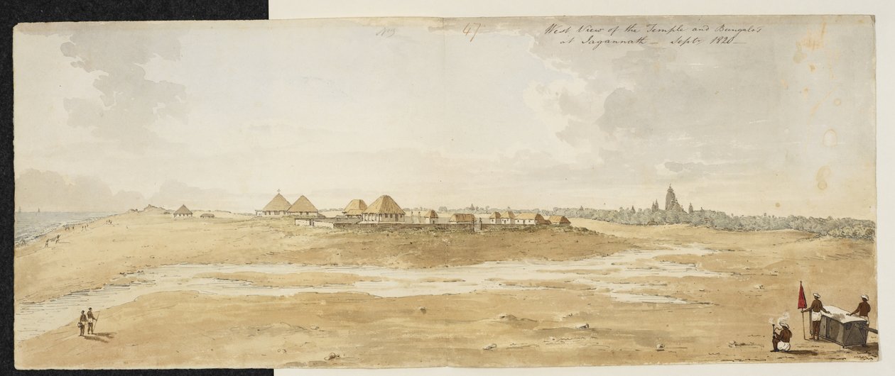 Panorama av det store tempelet i Jagannath, Puri (Orissa), tatt fra vest, som viser europeiske bungalower i forgrunnen ved kysten, september 1820 (akvarell på papir) av English School