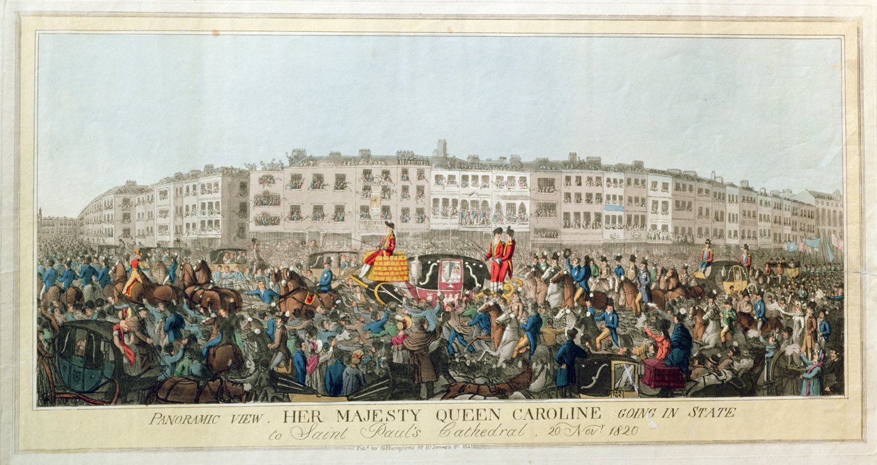 Panoramautsikt. Hennes Majestet Dronning Caroline går i staten til St. Pauls Cathedral, 20. november 1820, pub. 1821 (akvatint på papir) av English School