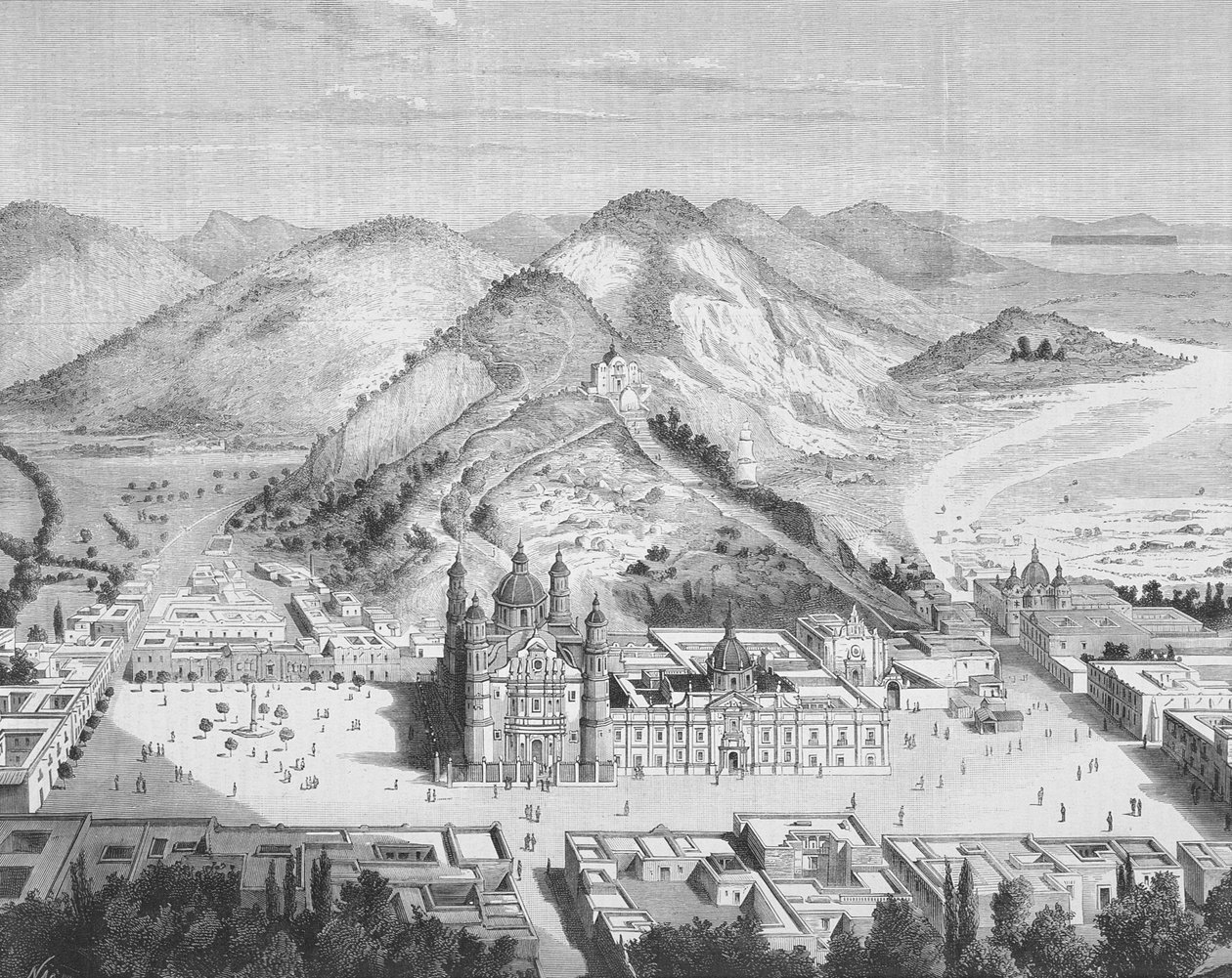 Panoramautsikt over Basilica de Guadalupe, Mexico by 1880-tallet (gravering) av English School