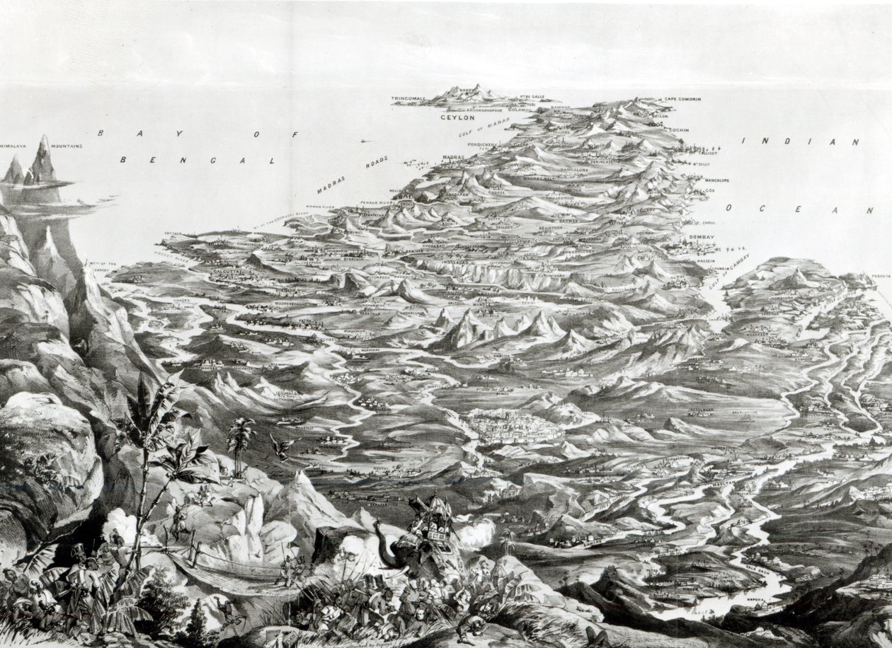 Panoramautsikt over India fra Himalaya-fjellene, designet av T. Packer, 1857 av English School