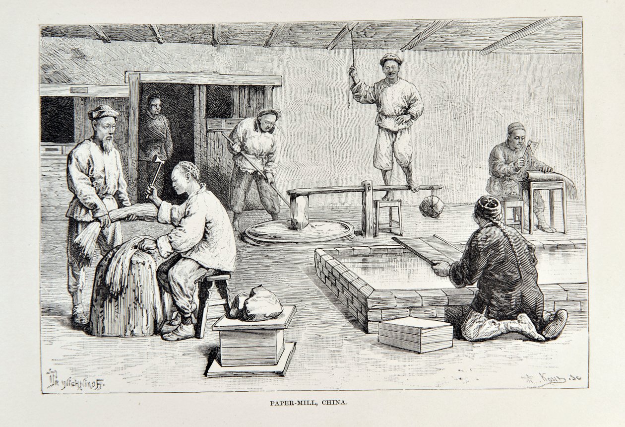 Paper-Mill, Kina, illustrasjon fra The Universal Geography, the Earth and its inhabitants av Elisee Reclus, utgitt 1878 av English School