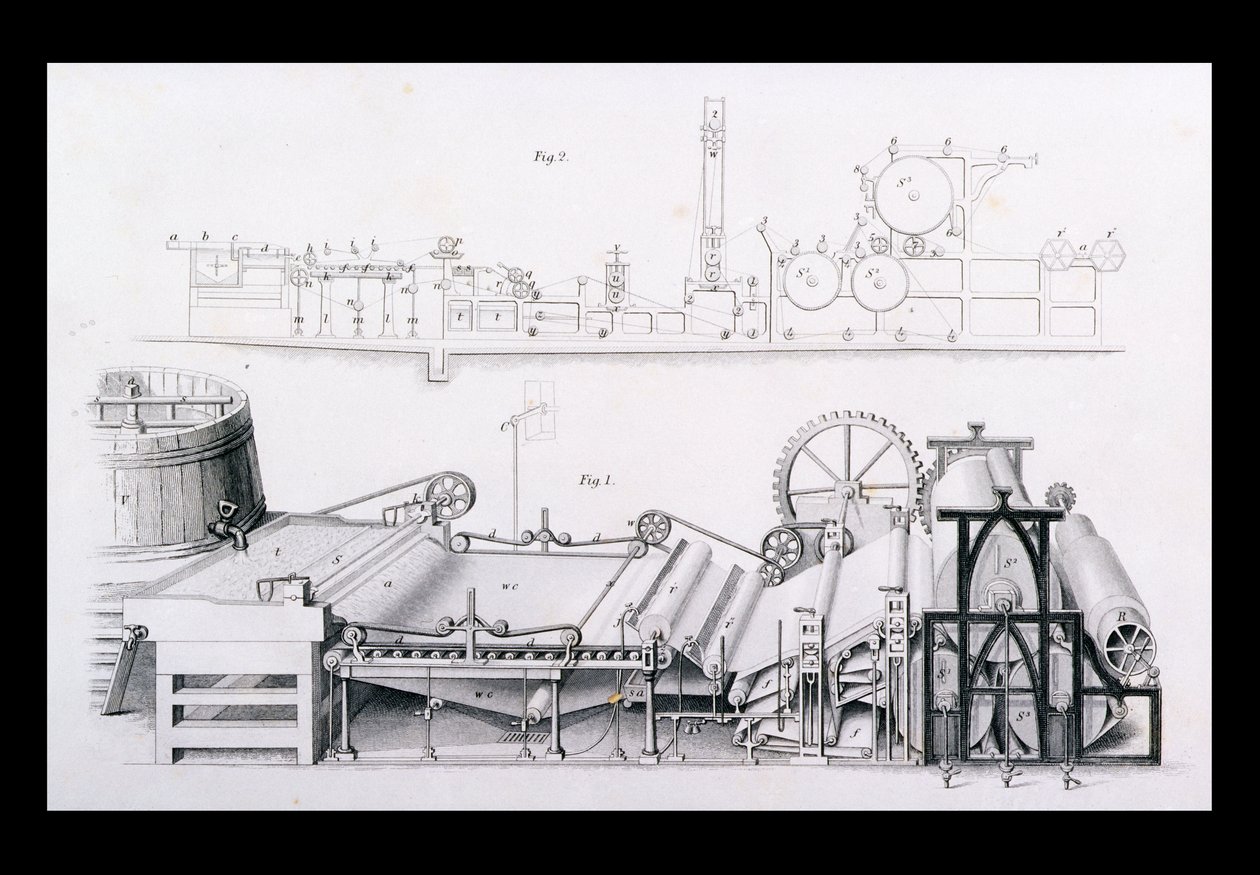 Paper Making Machine fra Cyclopaedia of Useful Arts & Manufactures, redigert av Charles Tomlinson, ca. 1880-tallet av English School