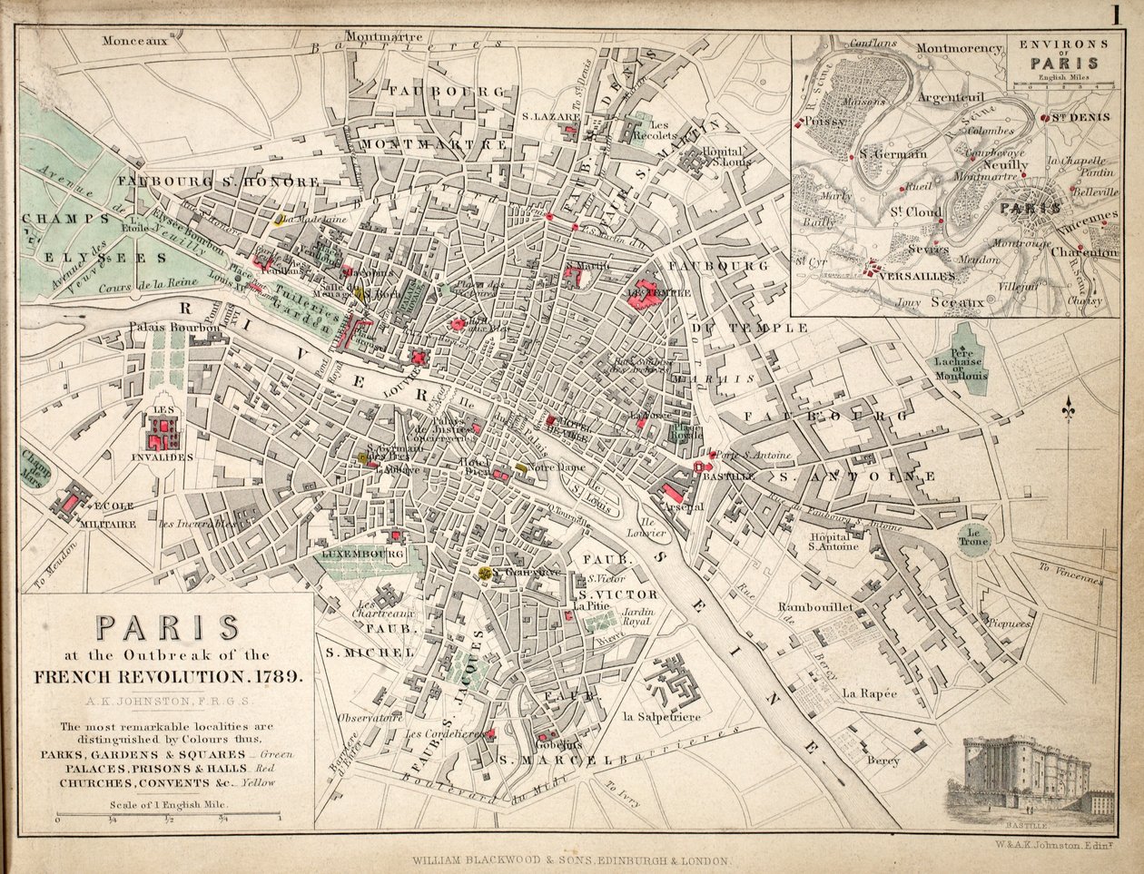 Paris ved utbruddet av den franske revolusjonen i 1789 (farget litho) av English School