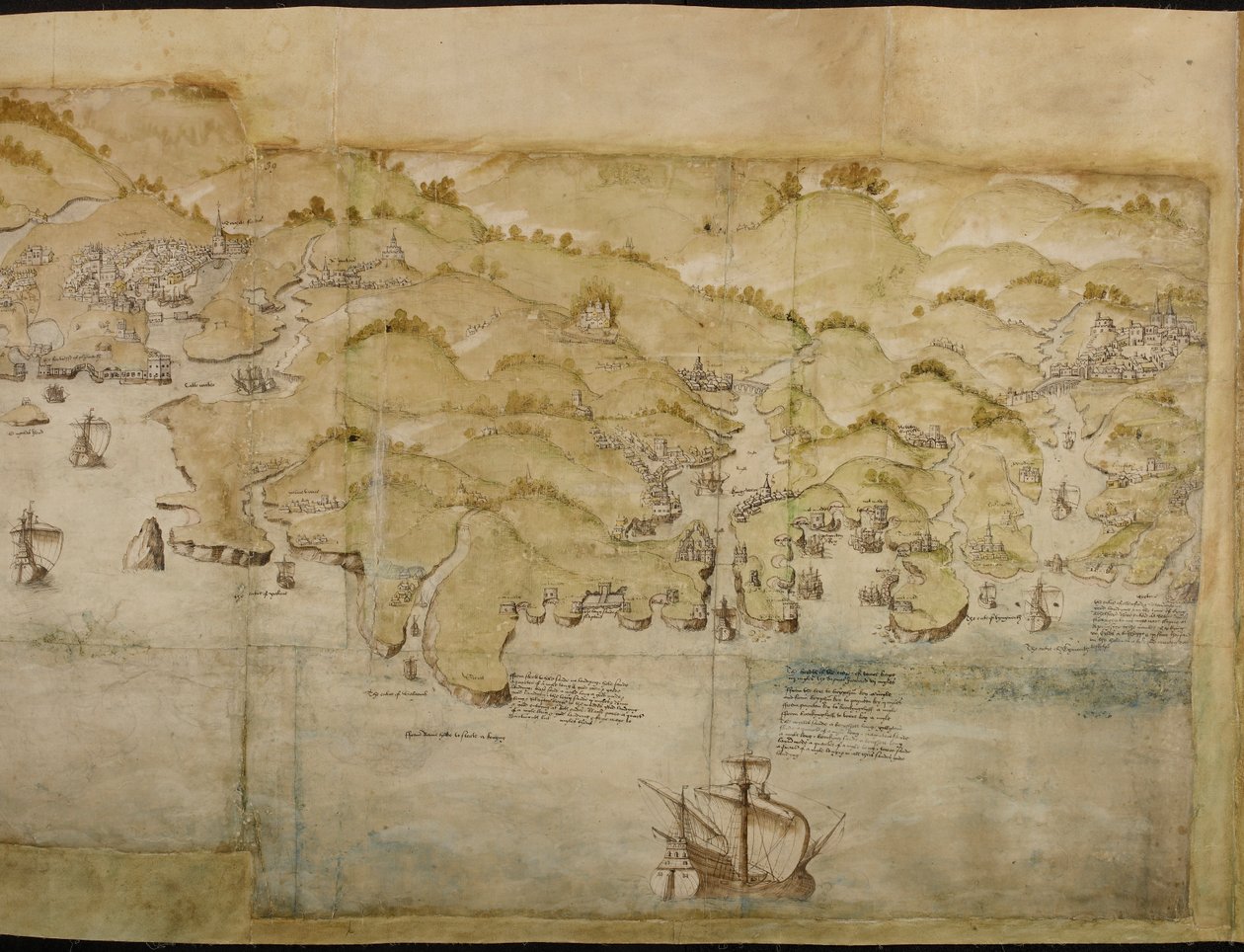 En del av et panoramakart over kysten fra Lands End til Exmouth, ca. 1539 (penn og blekk med vask på papir) av English School
