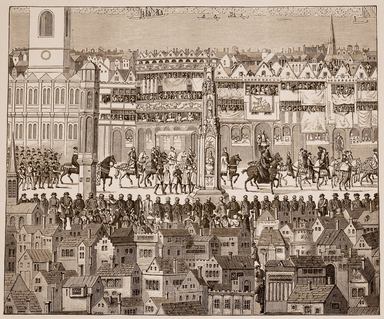 En del av kroningsprosesjonen til Edward VI, 1547, etter en akvarell fra 1500-tallet (sepia-bilde) av English School