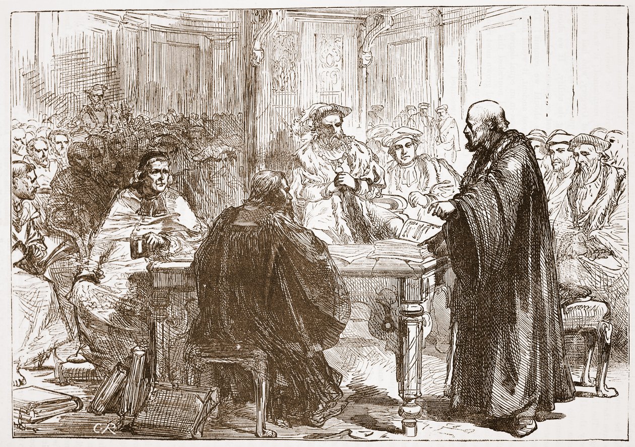 Pastor Olaf på konferansen i Upsala, illustrasjon fra The History of Protestantism av James Aitken Wylie (1808-1890), pub. 1878 av English School