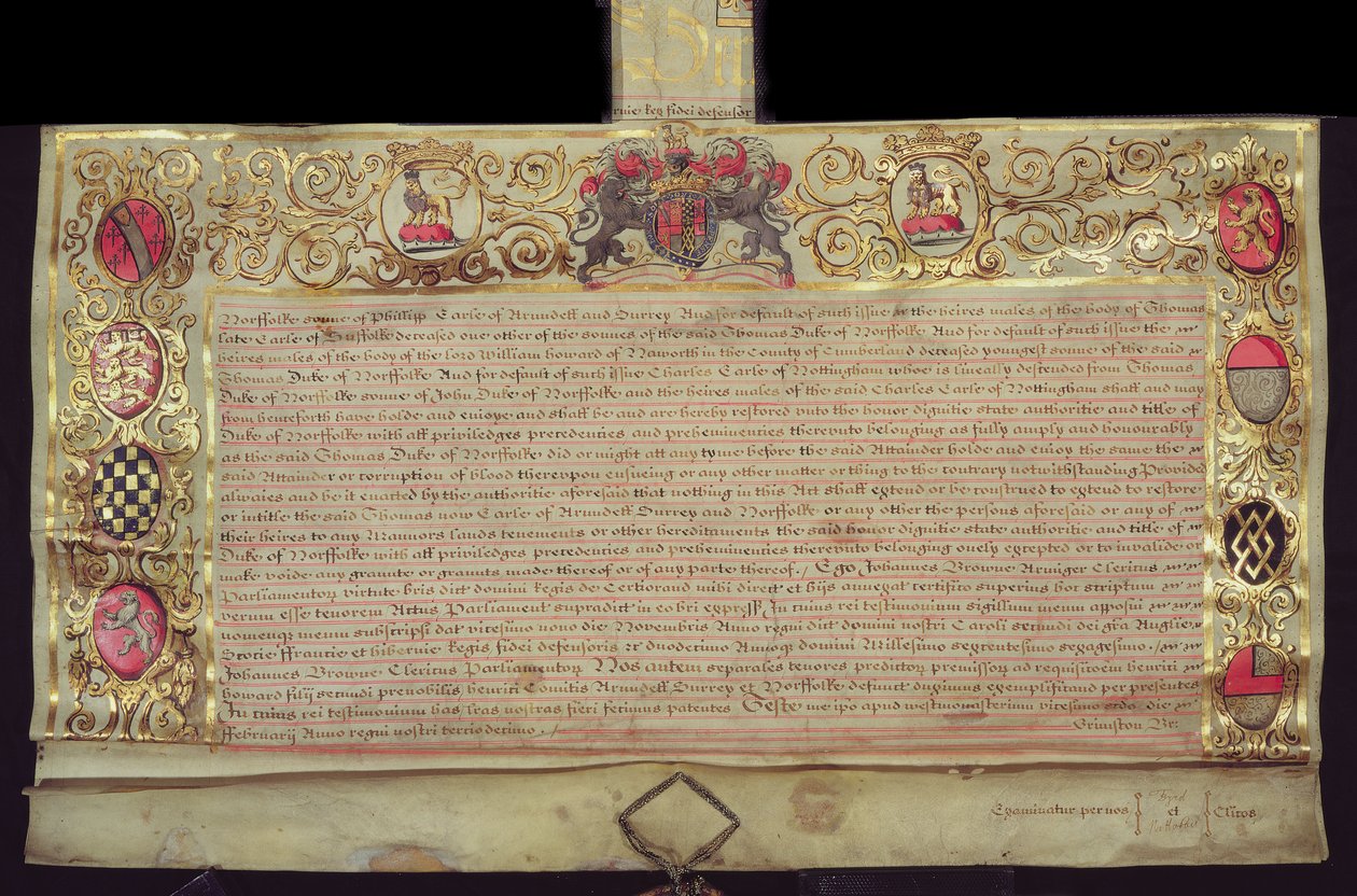 Patent for restaurering av hertugdømmet Norfolk, av Charles II, 1660 (blekk og bladgull på vellum) av English School