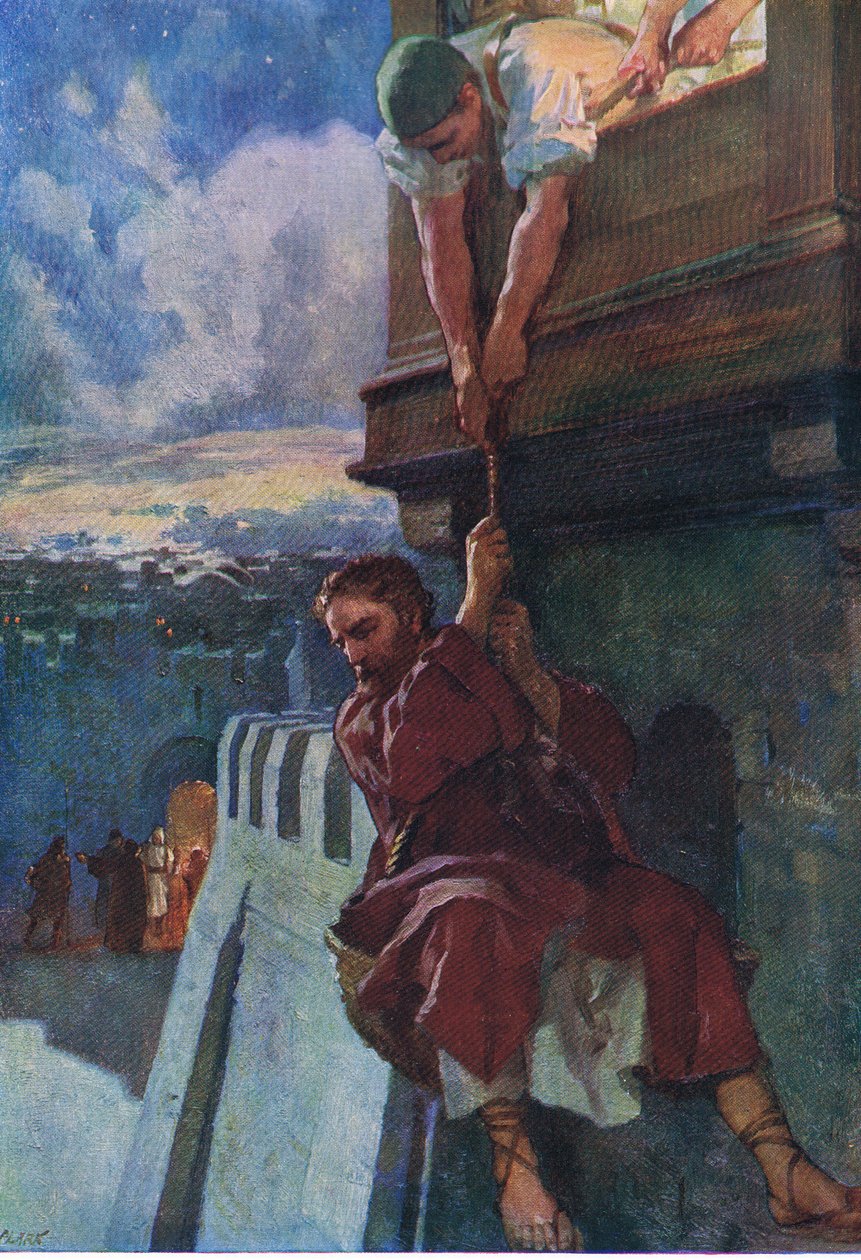 Pauls flukt fra Damaskus, fra The Bible Picture Book utgitt av Thomas Nelson, ca. 1950 (farge litho) av English School