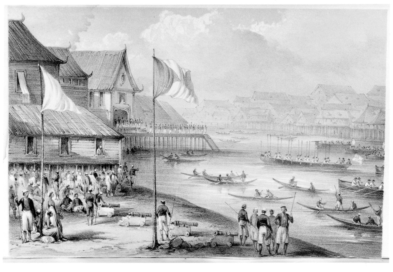 Pax Britannica ankommer en landsby på Borneo, frontispice til bind 2 Narrative of Events in Borneo and Celebes, Down to the Occupation of Labuan av Rodney Mundy, 1848 av English School