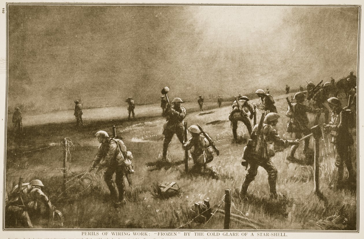 Farer ved ledningsarbeid: frosset av det kalde gjenskinnet fra et stjerneskall, 1914-19 av English School