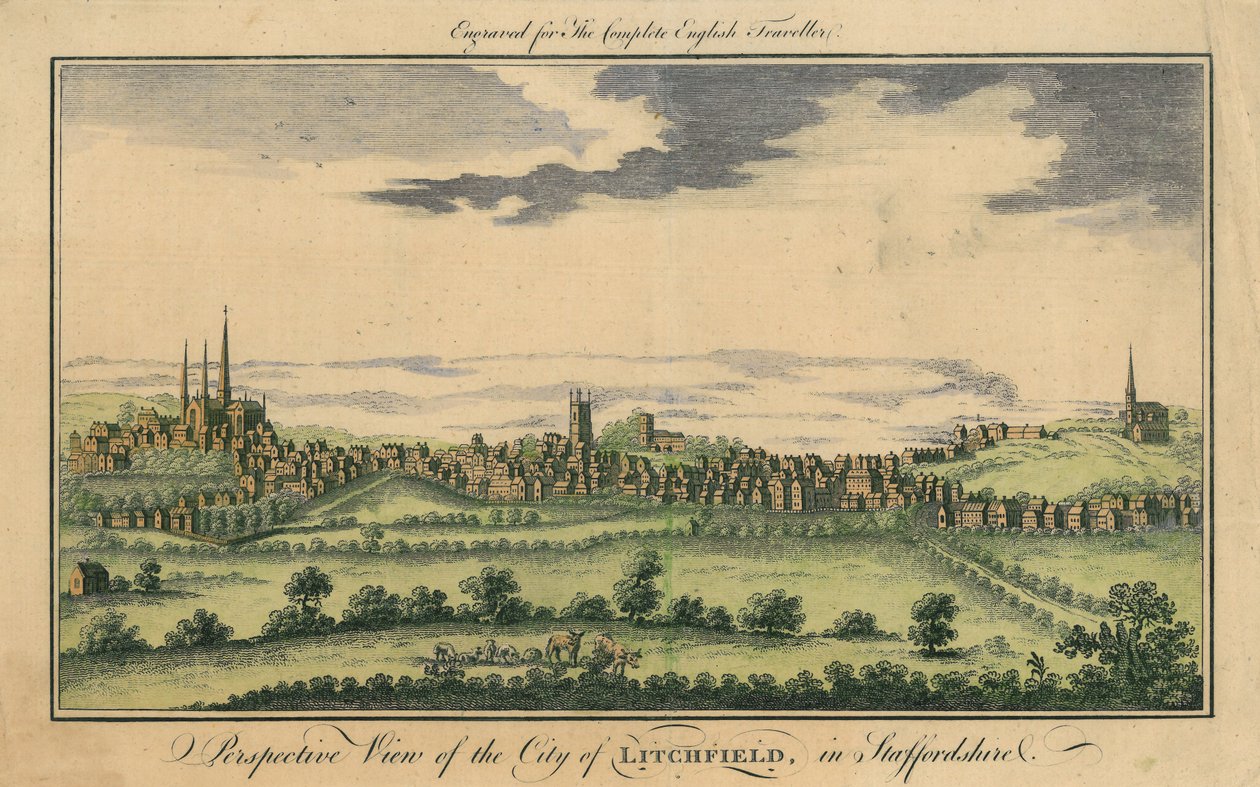 Perspektiv utsikt over byen Lichfield, ca. 1795-98 av English School