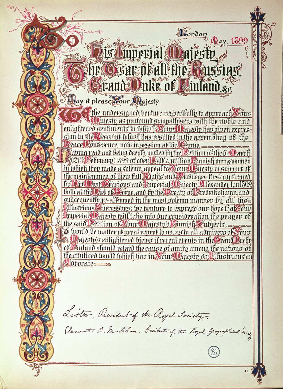Begjæring til tsar Nicholas II av Russland som protesterte mot russifiseringen av Finland, 1899 (opplyst papir) av English School