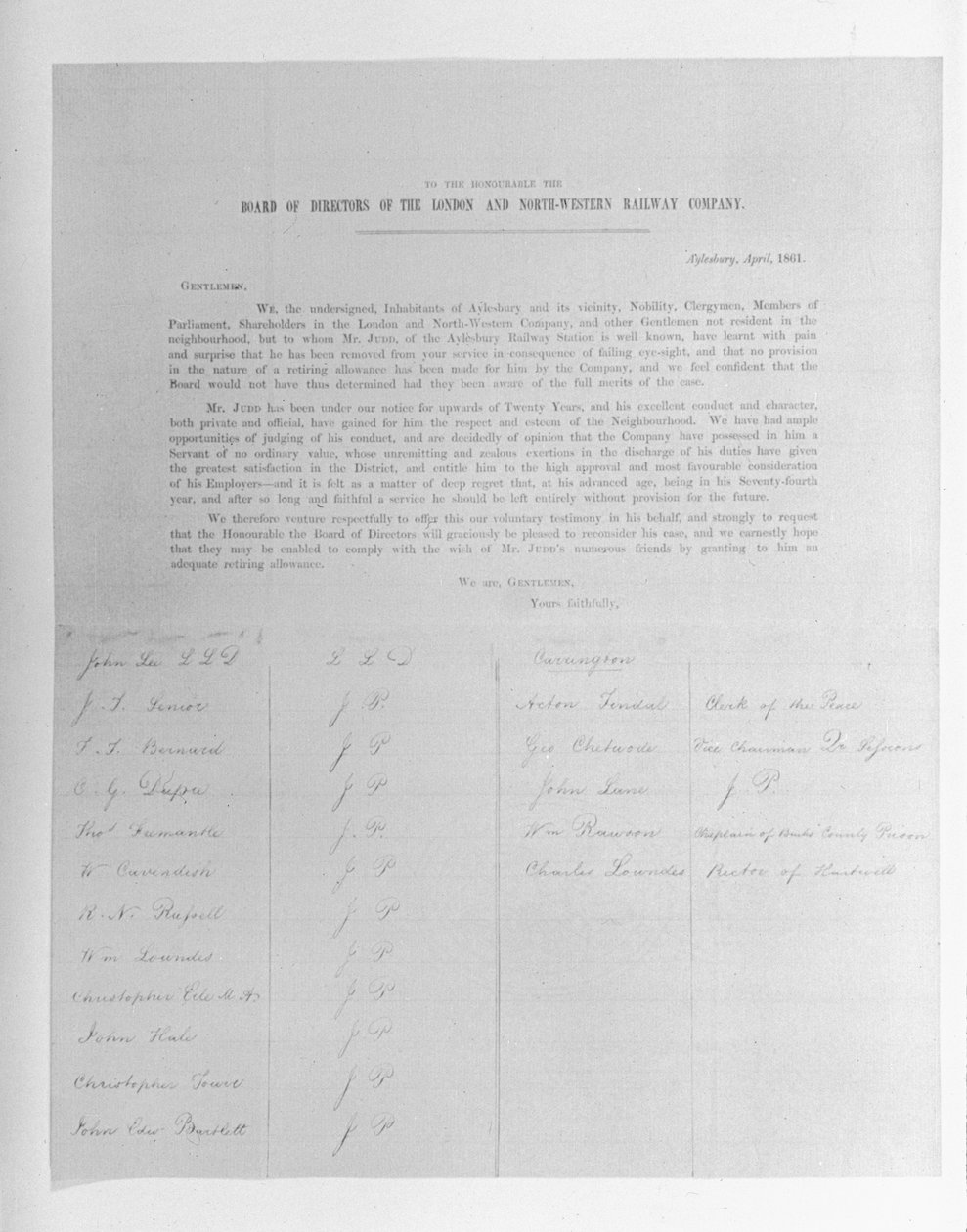 Begjæring til direktørene for London and North-Western Railway Company på vegne av en ansatt oppsagt på grunn av sviktende syn, 1861 av English School