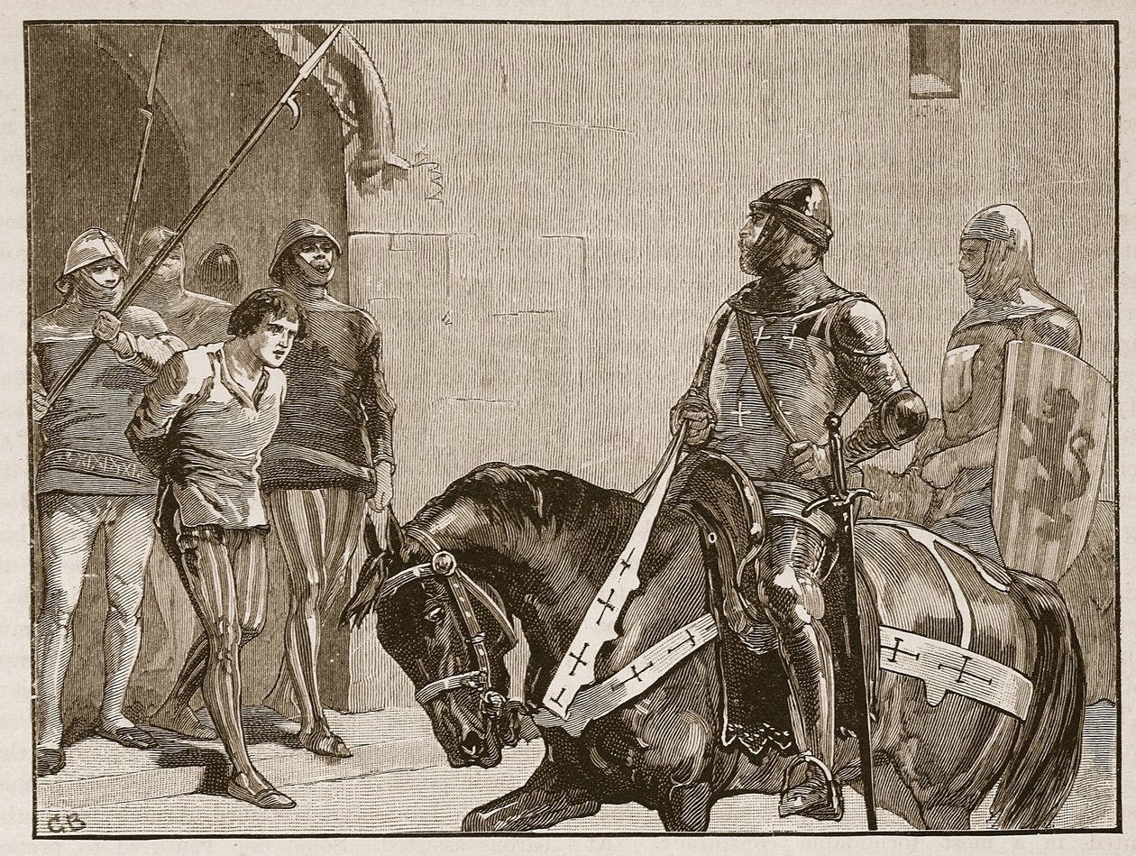 Piers Gaveston før jarlen av Warwick, illustrasjon fra Cassells Illustrated History of England (sepiafoto) av English School