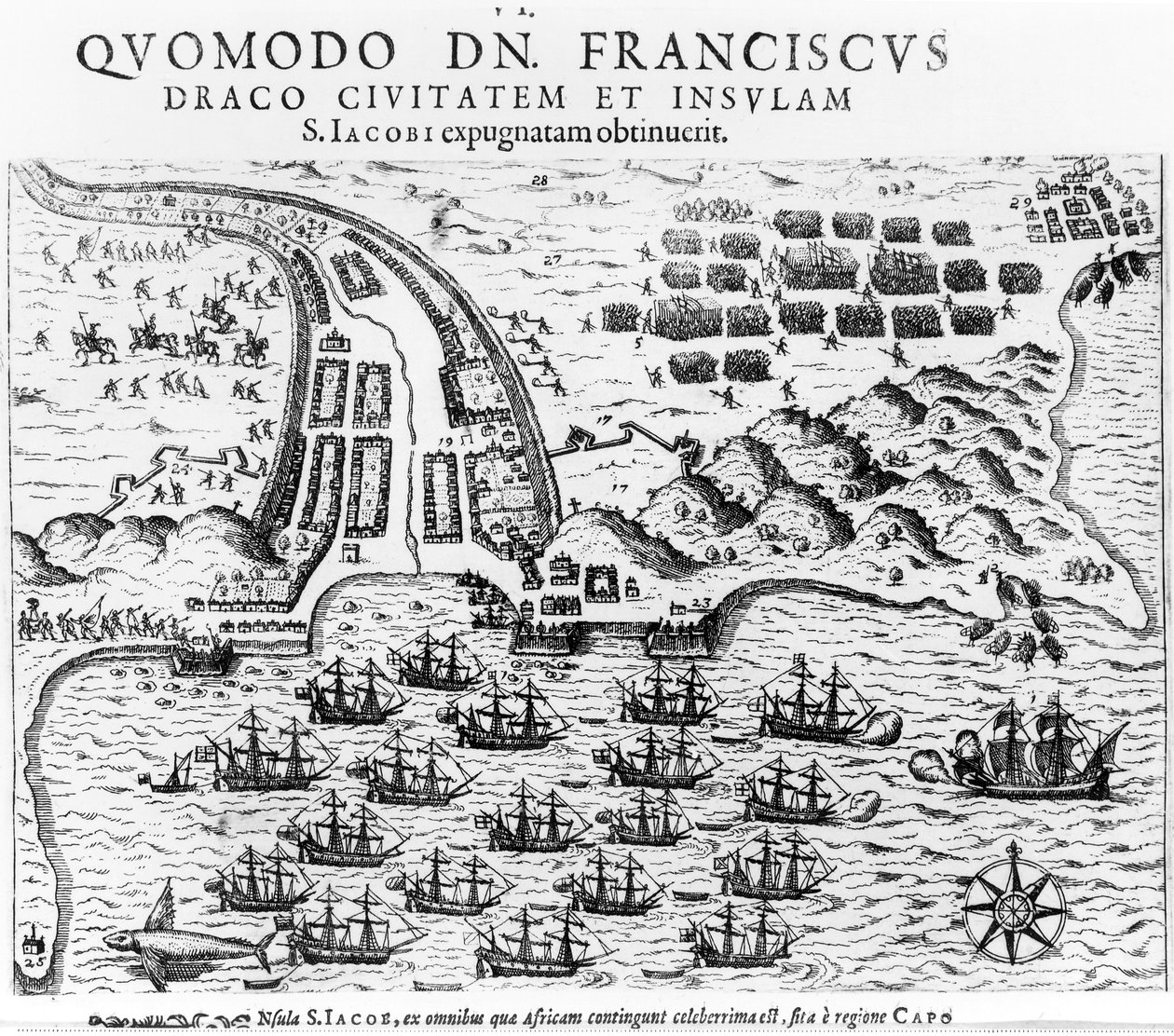 Plan som viser hvordan Francis Drake (ca. 1540-96) stormet og holdt øya San Jacob av English School