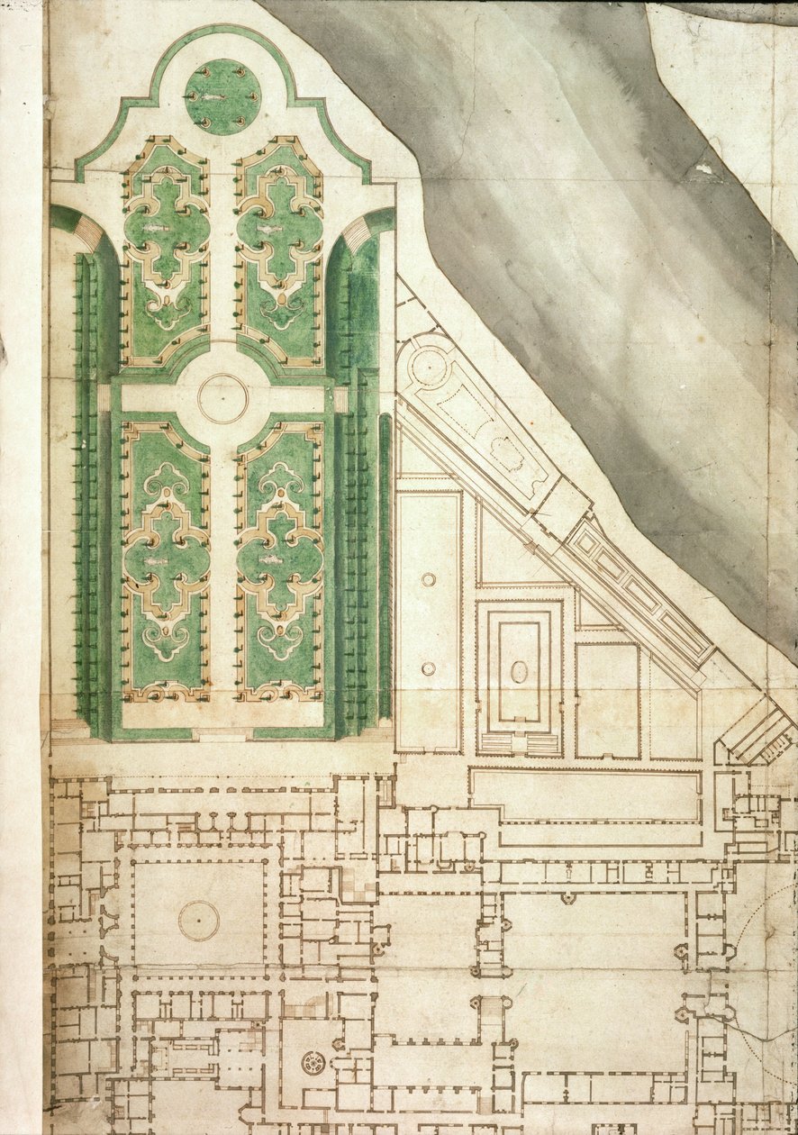 Plan over Hampton Court og dens hager, ca. 1714 (penn og blekk og wc på papir) av English School