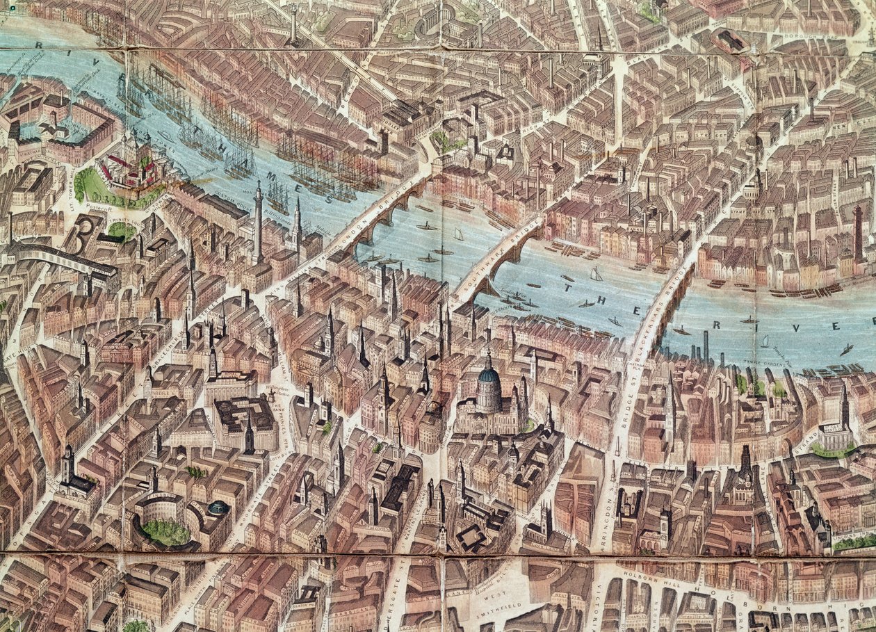 Plan over London ser mot Southwark (håndfarget gravering) av English School