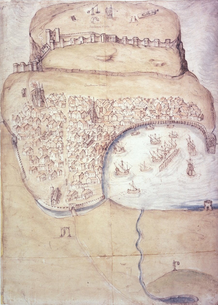 Plan over Scarborough og dens forsvar, ca. 1540 (farge litho) av English School